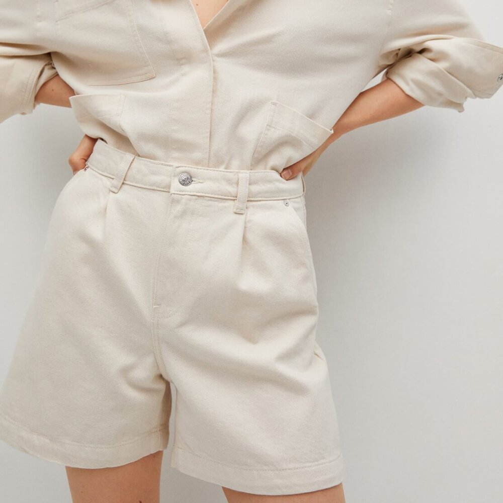 Mango Cream High-Waist Denim Shorts